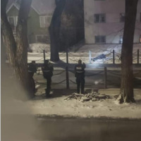 A photo taken from an apartment building shows three EPS officers pointing weapons at a body lying prone in the snow across the street, in front of a low-rise apartment block.