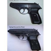 A composite image showing two different guns, the top one a real handgun (text label illegible) and the bottom one the black-painted Airsoft pistol held by the victim.